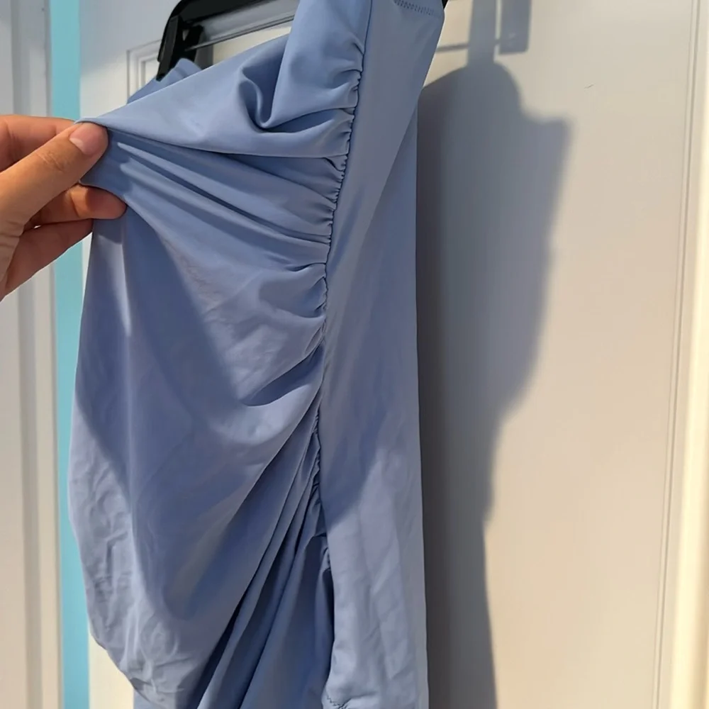 Reimagined by J Crew ruched bandeau one piece bathing suit in Pale Seascape
